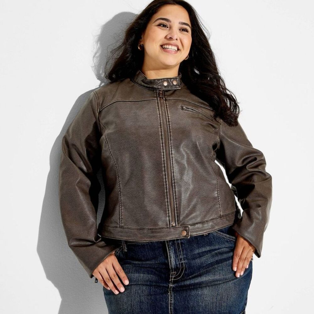 Women's Filtered Y2K Moto Jacket - Wild Fable with Olivia Dayton Brown 1X